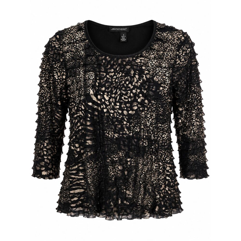 Notations Womens Animal Print Ruffle Textured Blouse Small Black Beige Top